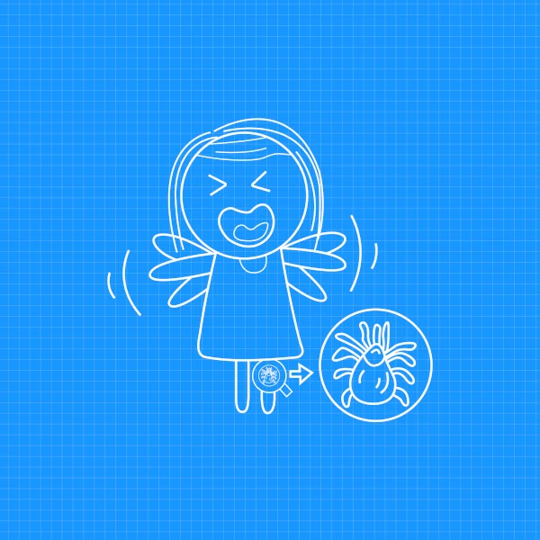 woman character freaking out with a tick biting her on the leg