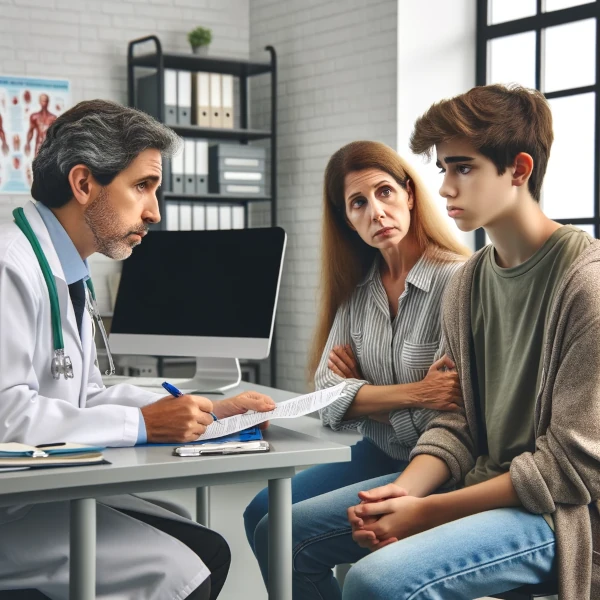 Doctor, mother, and son at appointment