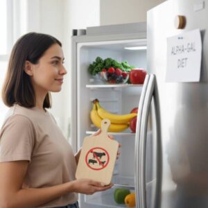 Woman standing in front of a refrigerator
