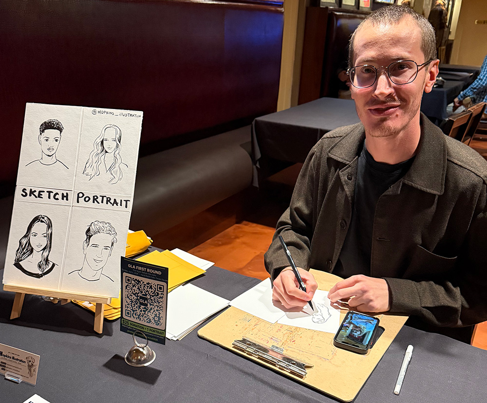 Illustrator and event artist Peter Hopkins drawing portraits for guests at Global Lyme Alliance First Round