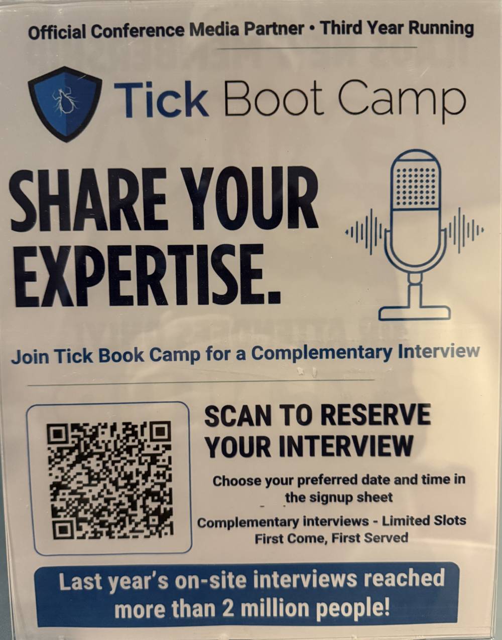 Tick Boot Camp at ILADS 2026: Official Podcast & Gala Emcees 2 Tick Boot Camp interview reservation sign outside the official ILADS podcast studio.