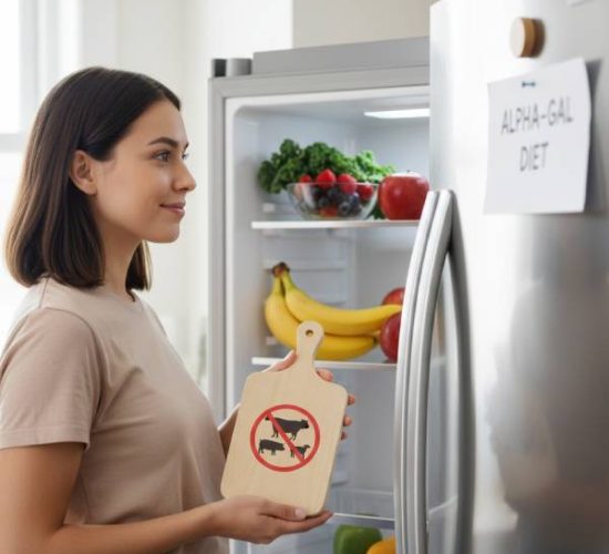 Woman standing in front of a refrigerator