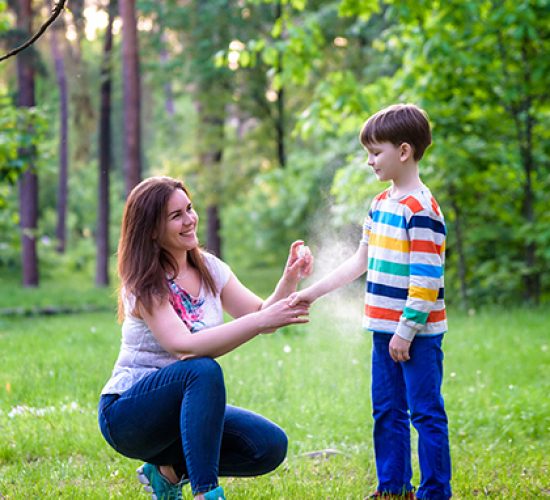 Young woman mother applying insect repellent to her son before forest hike beautiful summer day or evening. Protecting children from biting insects at summer. Active leisure with kids.